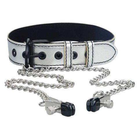 Metallic Silver Collar With Nipple Clamp Metallic Silver Collar With Nipple Clamp